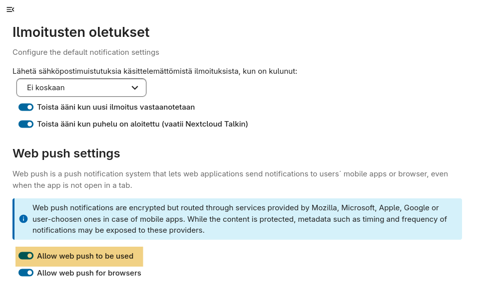 Nextcloud-palvelinpään Web Push -asetus