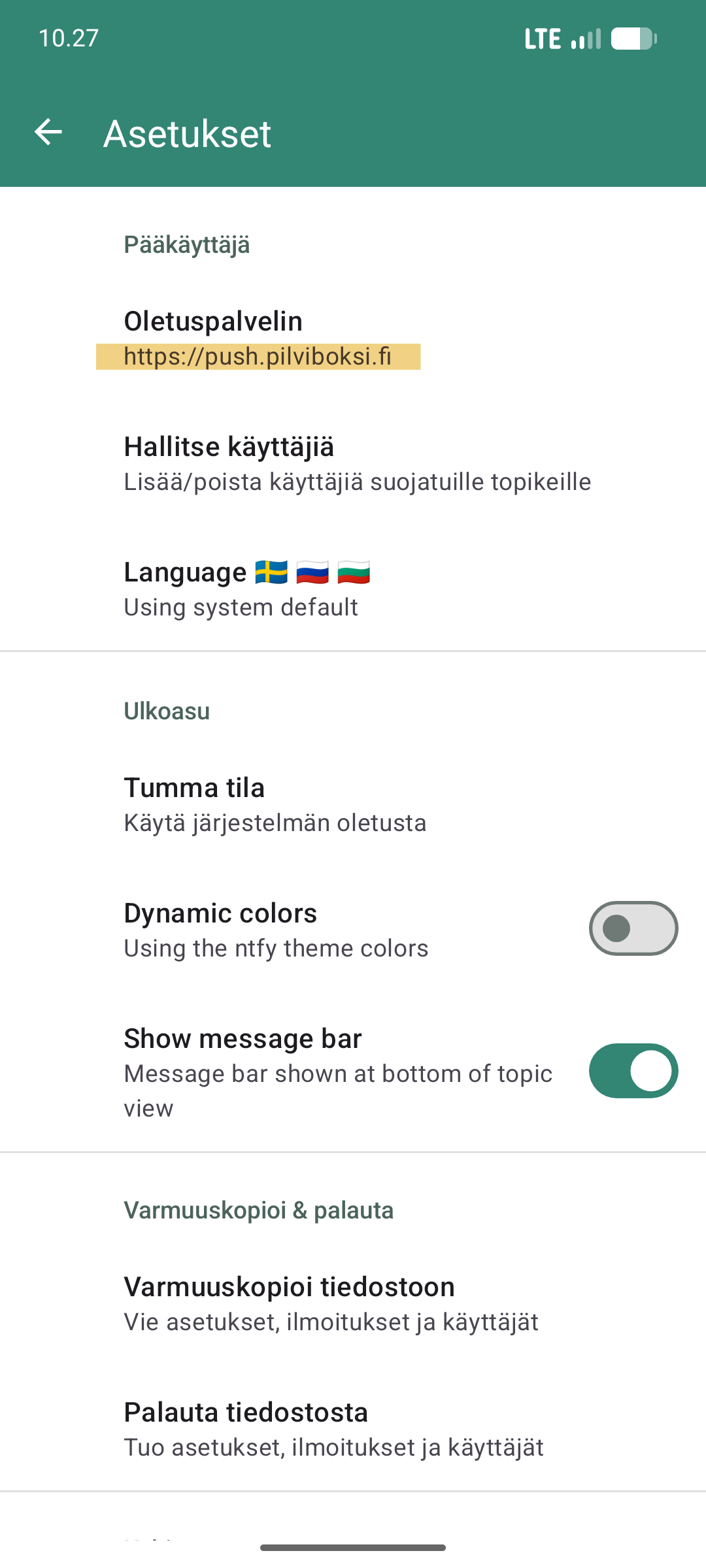 Ntfy oletuspalvelimen asetus sovelluksessa