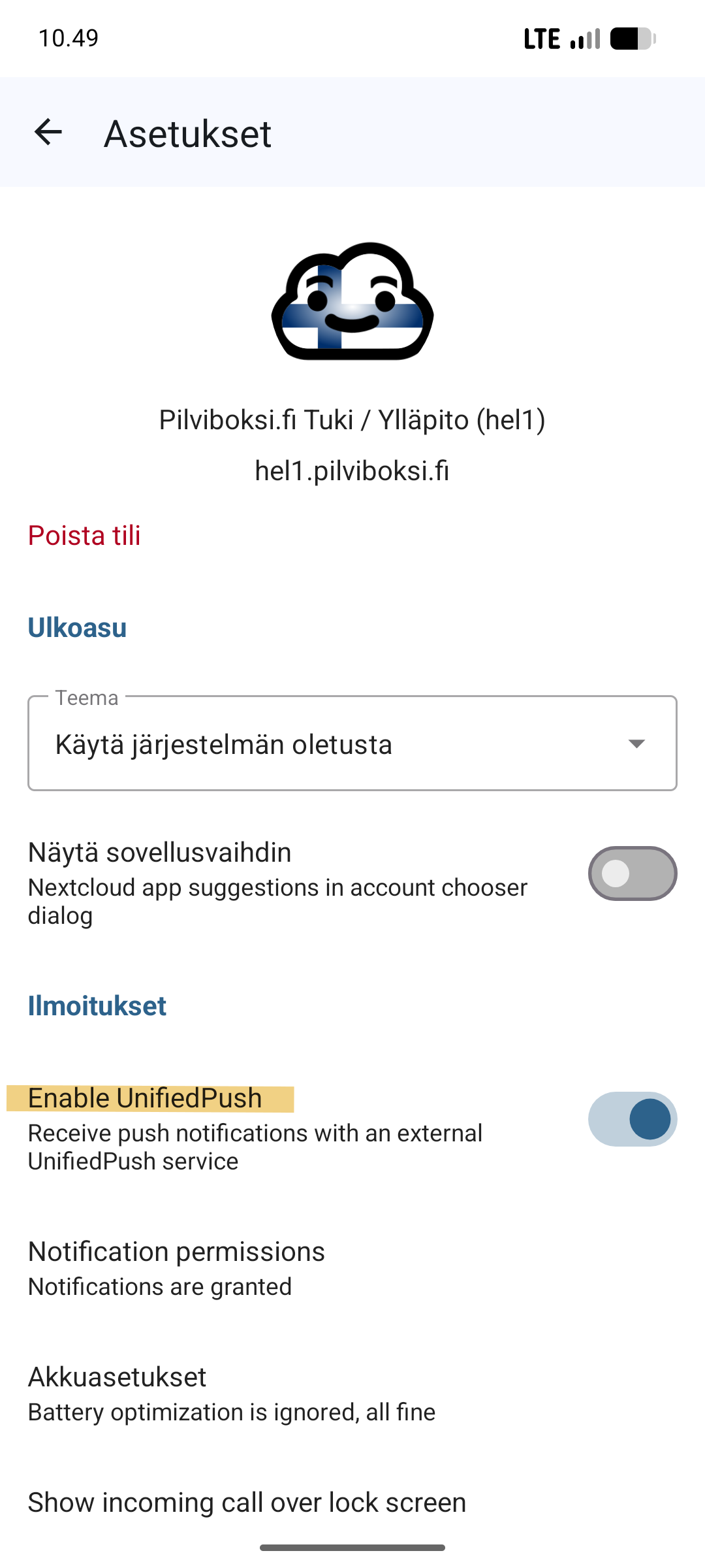 UnifiedPush-asetus Talk Android-sovelluksessa